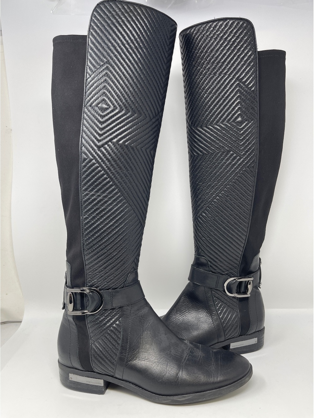 Black Leather Over The Knee Boots 9 Quilted Front Buckle Stretch Back Low Heel